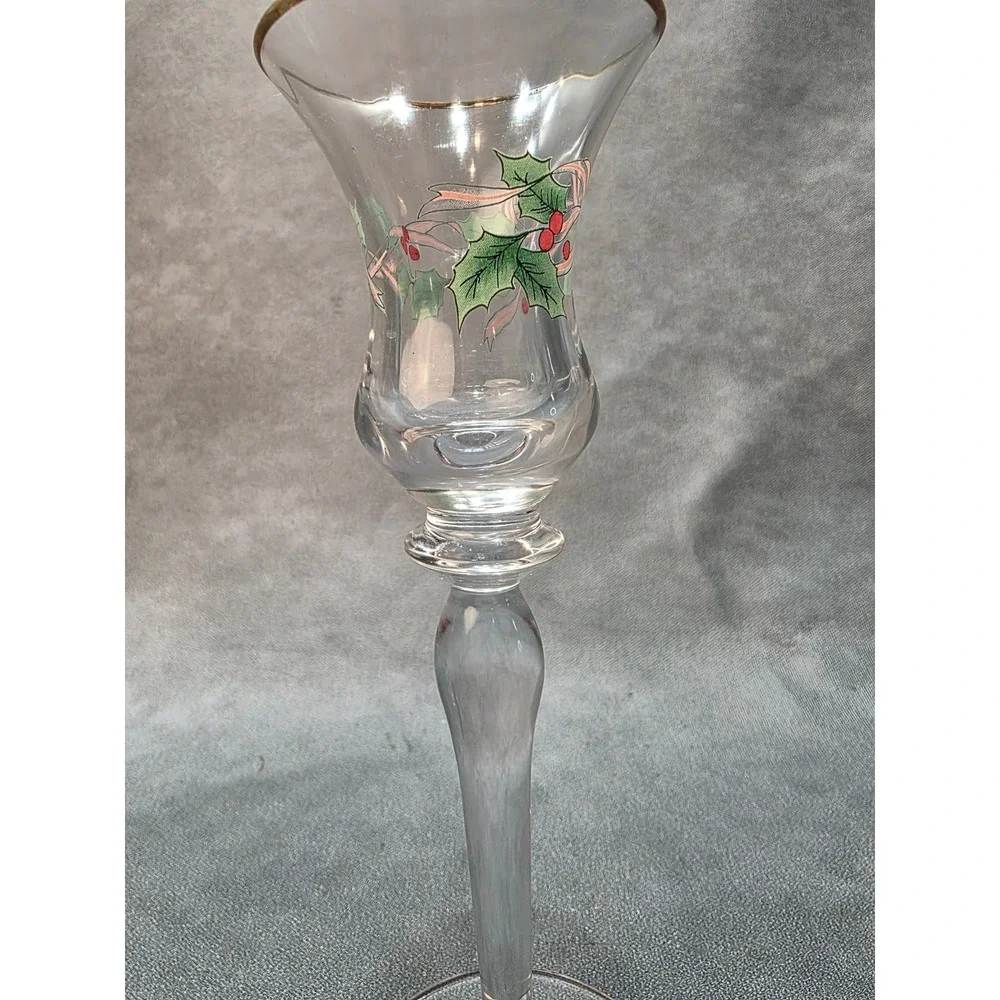 Vintage Christmas Holly Berry Glass Taper Candle Holders Gold Rim Set of 2